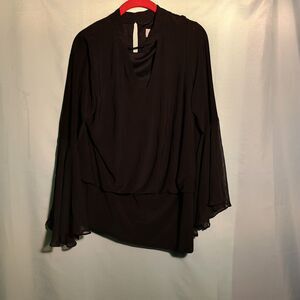 Elegant Black Chiffon Blouse – Draped Front & Flowy Sleeves – Size XL